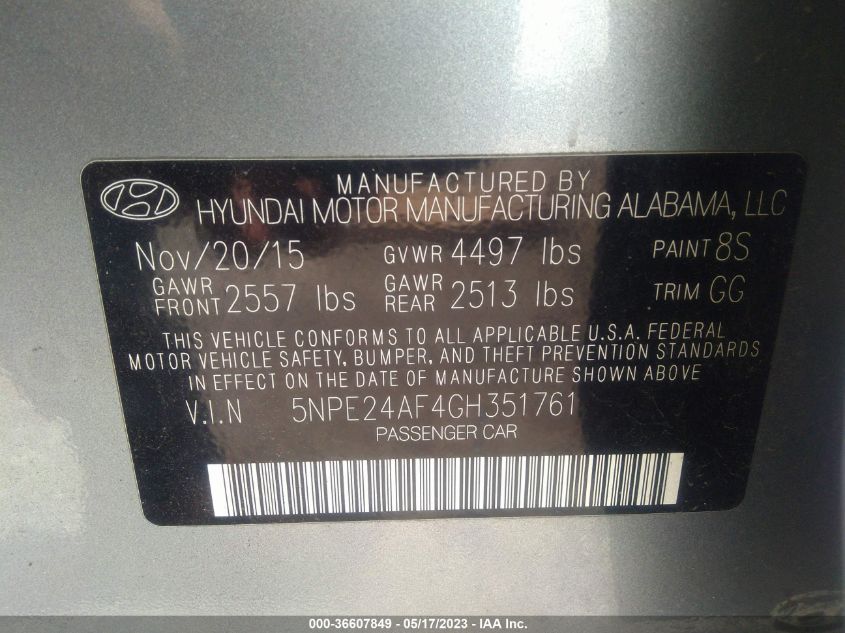 2016 HYUNDAI SONATA 2.4L SE - 5NPE24AF4GH351761