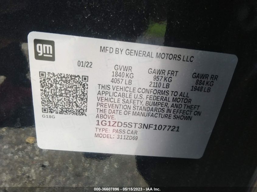 2022 CHEVROLET MALIBU LT - 1G1ZD5ST3NF107721