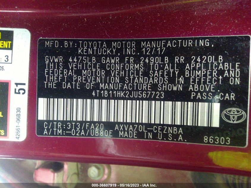 2018 TOYOTA CAMRY LE/SE/XLE/L - 4T1B11HK2JU567723