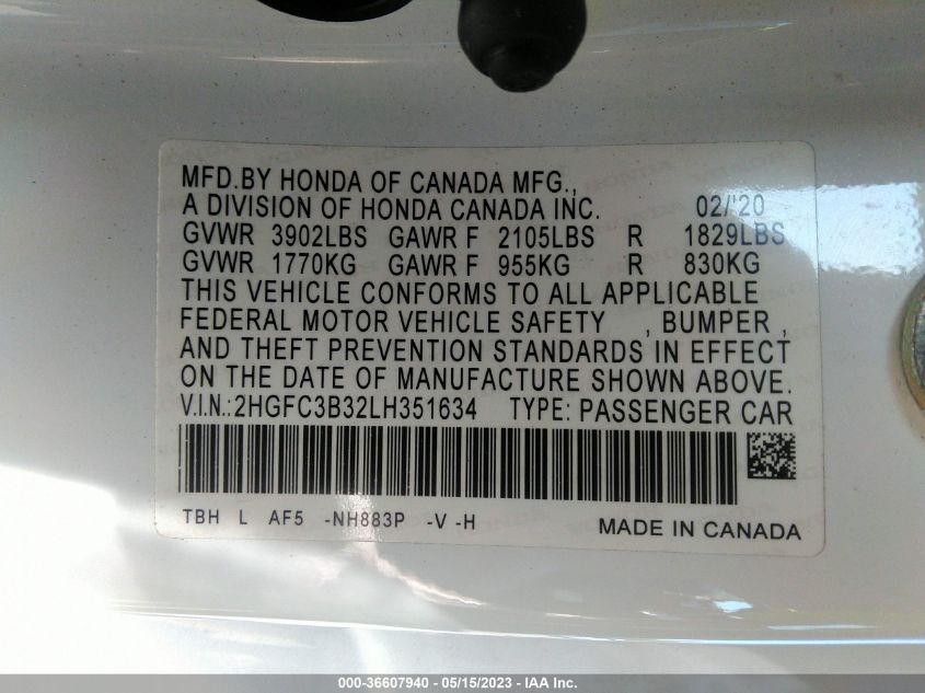 2020 HONDA CIVIC COUPE EX - 2HGFC3B32LH351634