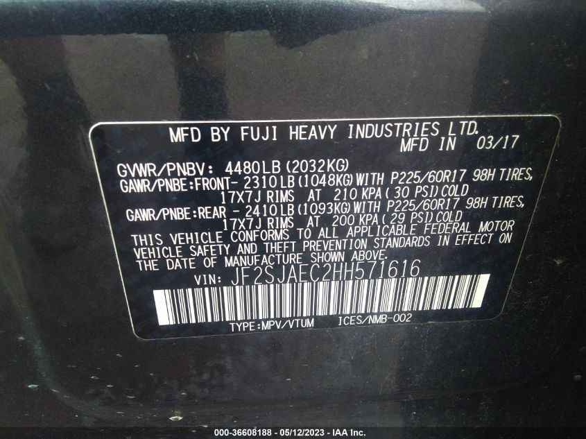 2017 SUBARU FORESTER PREMIUM - JF2SJAEC2HH571616