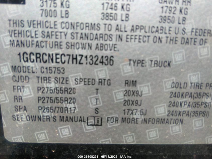 2017 CHEVROLET SILVERADO 1500 WORK TRUCK - 1GCRCNEC7HZ132436