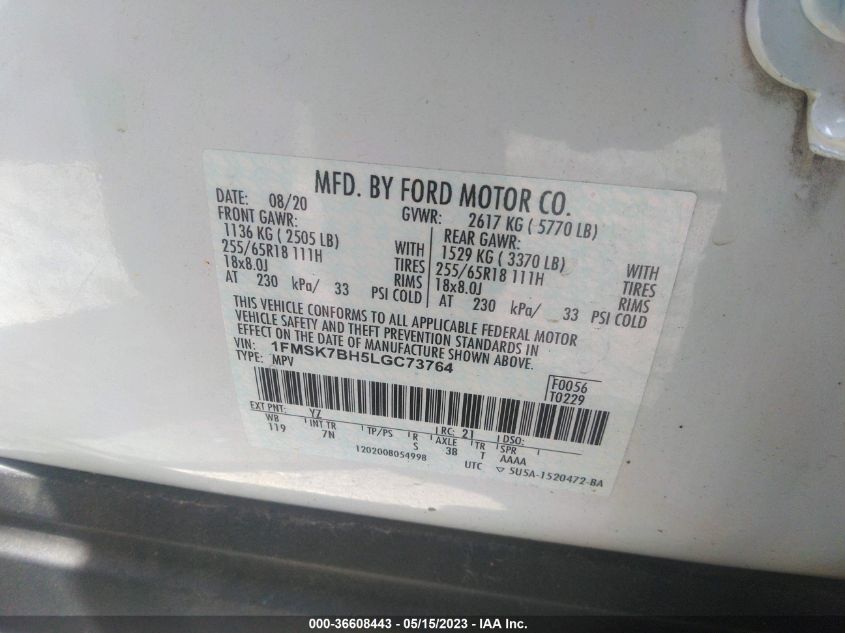 2020 FORD EXPLORER BASE - 1FMSK7BH5LGC73764