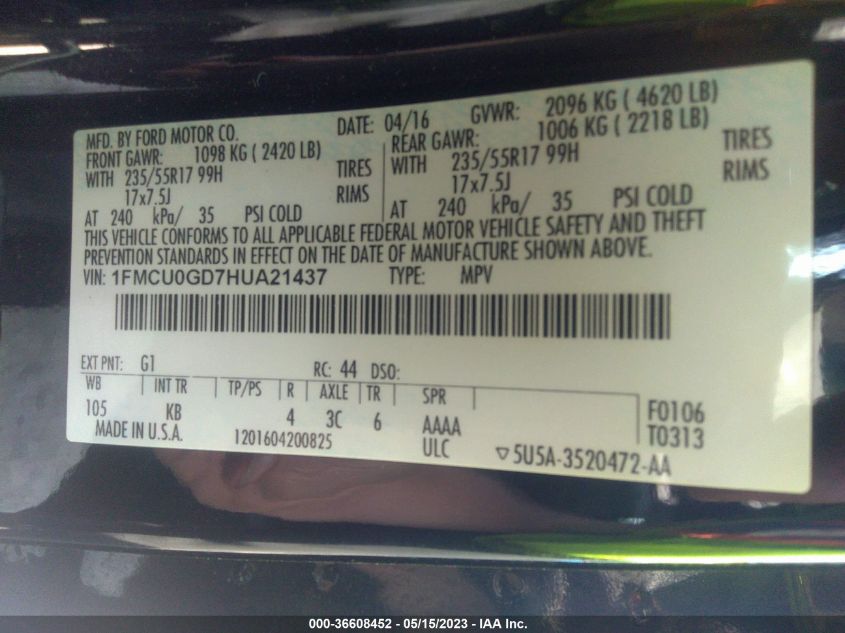 2017 FORD ESCAPE SE - 1FMCU0GD7HUA21437