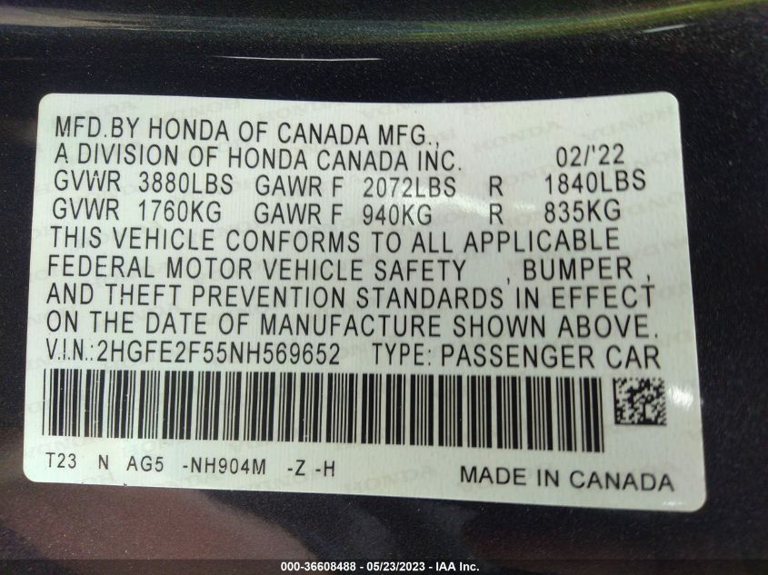 2022 HONDA CIVIC SEDAN SPORT - 2HGFE2F55NH569652