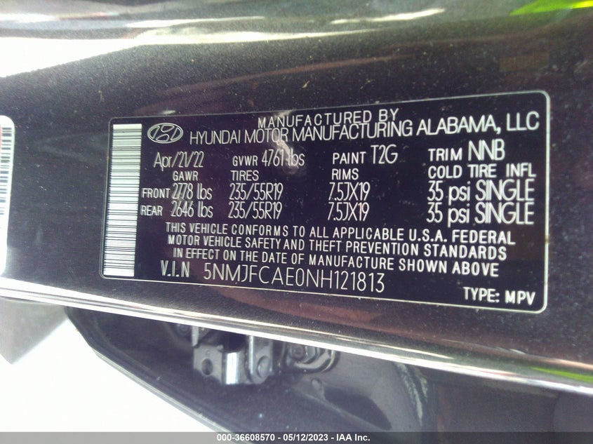 VIN 5NMJFCAE0NH121813 2022 HYUNDAI TUCSON SEL
