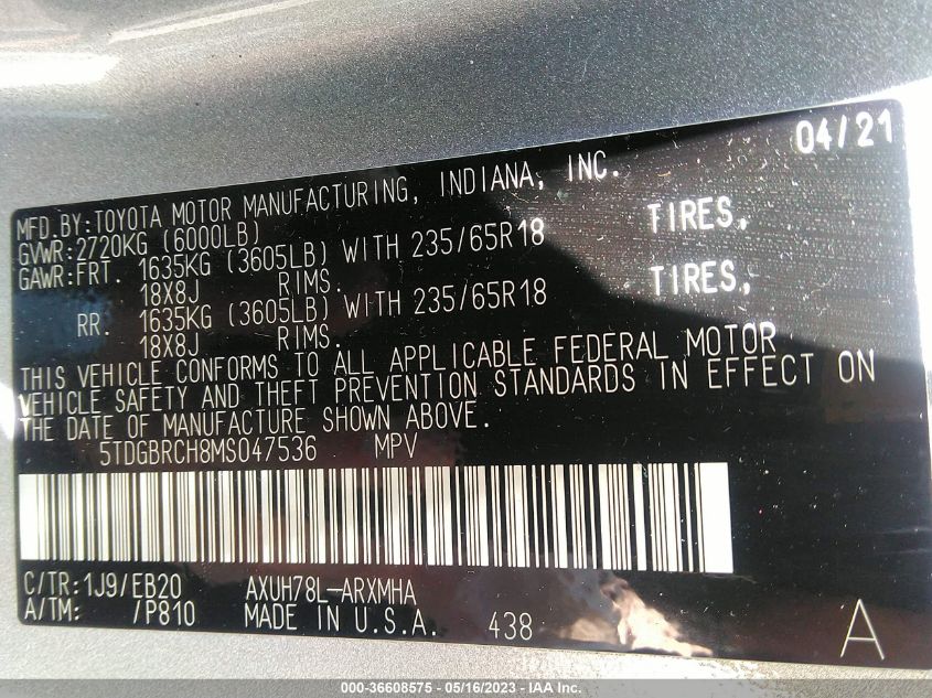 2021 TOYOTA HIGHLANDER HYBRID XLE - 5TDGBRCH8MS047536