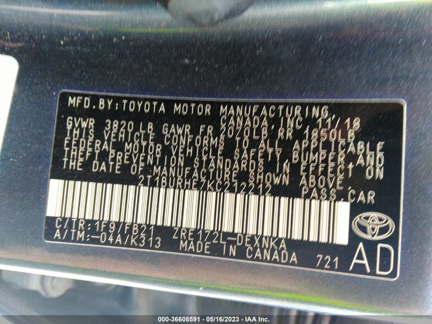 2019 TOYOTA COROLLA L/LE/SE/XLE/XSE - 2T1BURHE7KC212212
