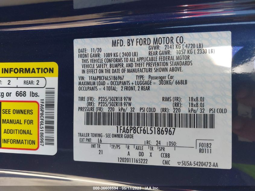 2020 FORD MUSTANG GT - 1FA6P8CF6L5186967