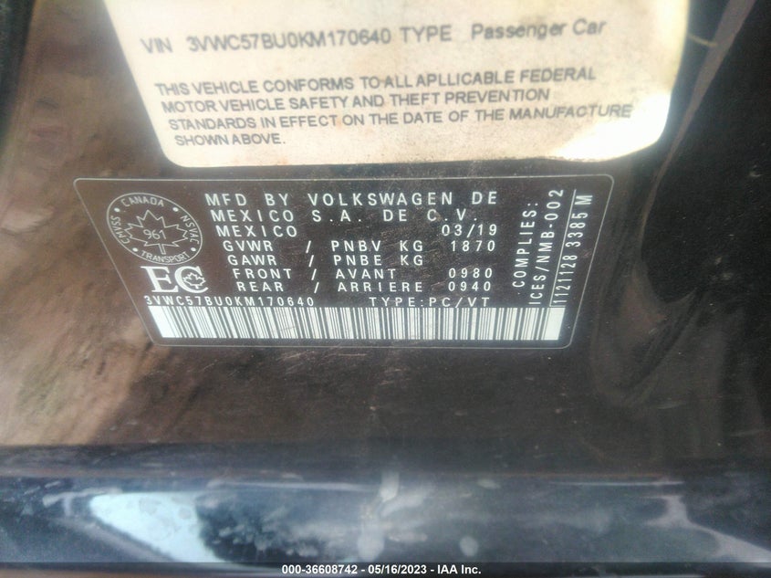 VIN 3VWC57BU0KM170640 2019 VOLKSWAGEN JETTA S/SE/R-LINE