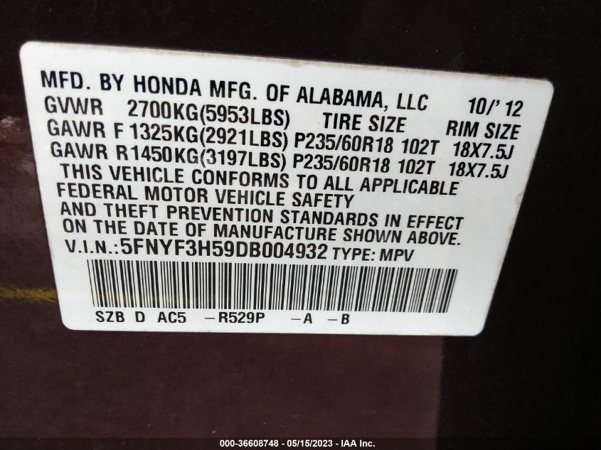 2013 HONDA PILOT EX-L - 5FNYF3H59DB004932