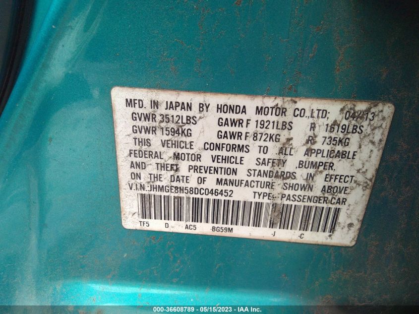 2013 HONDA FIT SPORT - JHMGE8H58DC046452