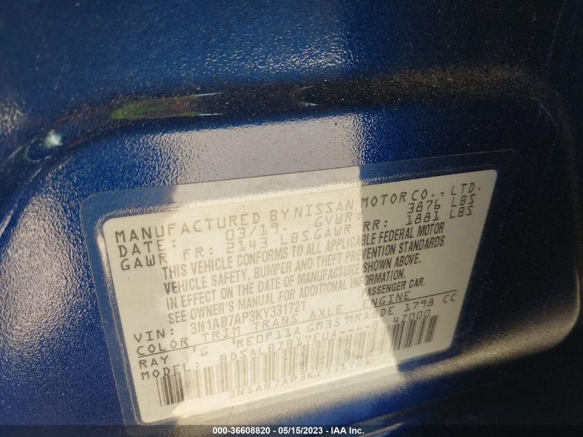 2019 NISSAN SENTRA S - 3N1AB7AP3KY331721