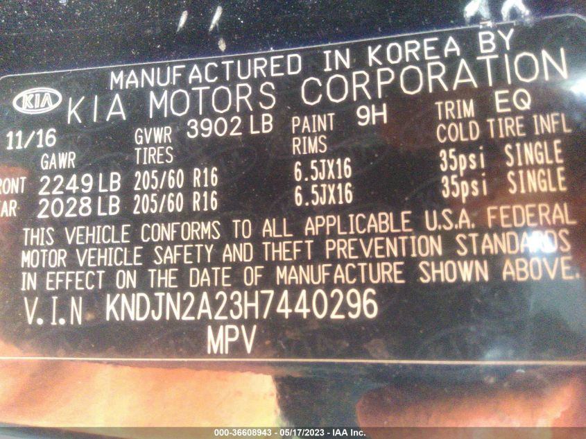 2017 KIA SOUL BASE - KNDJN2A23H7440296
