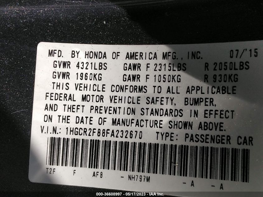 2015 HONDA ACCORD SEDAN EX-L - 1HGCR2F88FA232670