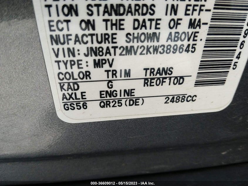 VIN JN8AT2MV2KW389645 2019 NISSAN ROGUE SV