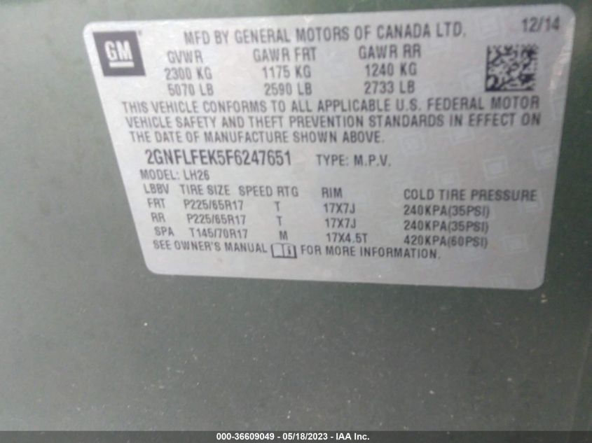 2015 CHEVROLET EQUINOX LT - 2GNFLFEK5F6247651