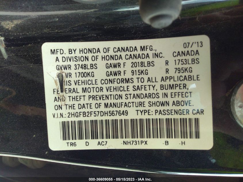 2013 HONDA CIVIC SDN LX - 2HGFB2F57DH567649