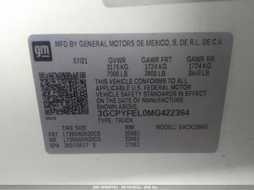 2021 CHEVROLET SILVERADO 1500 LT TRAIL BOSS - 3GCPYFEL0MG422364