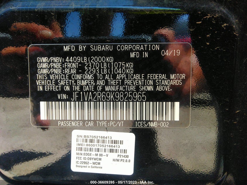 VIN JF1VA2R69K9825965 2019 SUBARU WRX STI