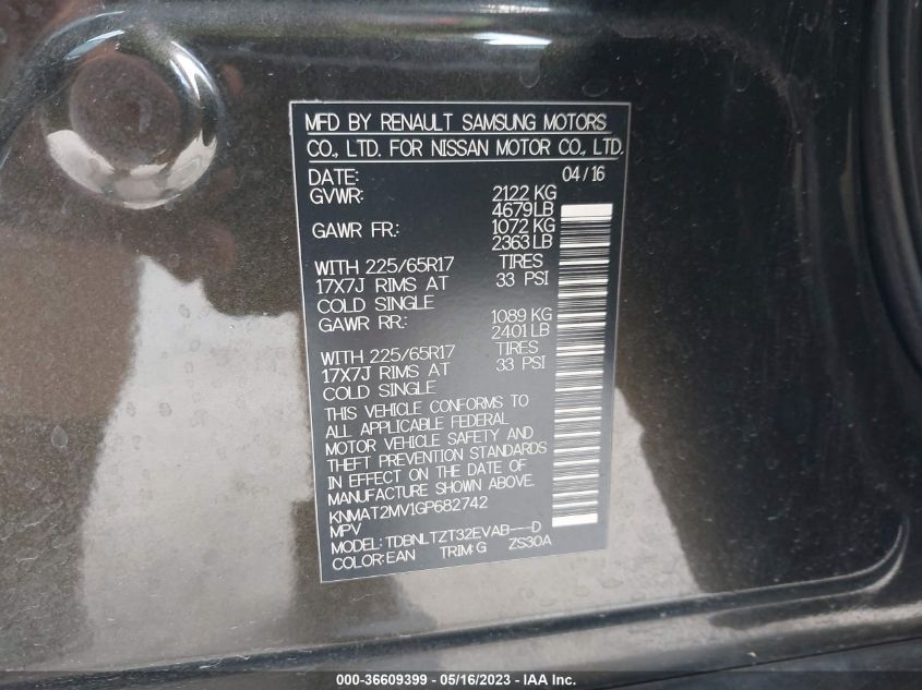 2016 NISSAN ROGUE SV - KNMAT2MV1GP682742