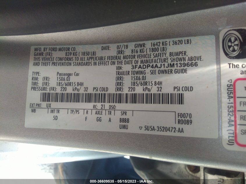 2018 FORD FIESTA S - 3FADP4AJ1JM139666