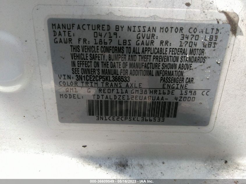 2019 NISSAN VERSA NOTE SV - 3N1CE2CP5KL366533