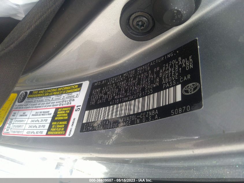 2019 TOYOTA CAMRY LE/SE/XLE/L - 4T1B11HK9KU781755