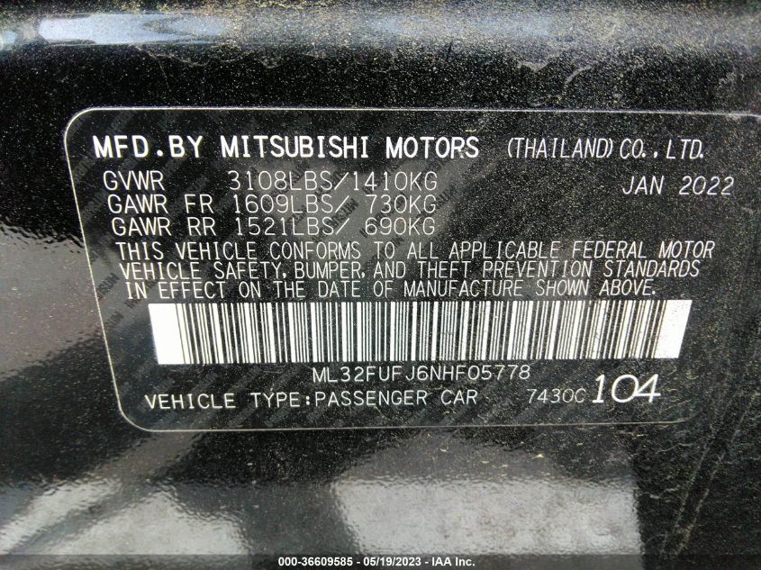 2022 MITSUBISHI MIRAGE G4 ES/LE/BLACK EDITION - ML32FUFJ6NHF05778