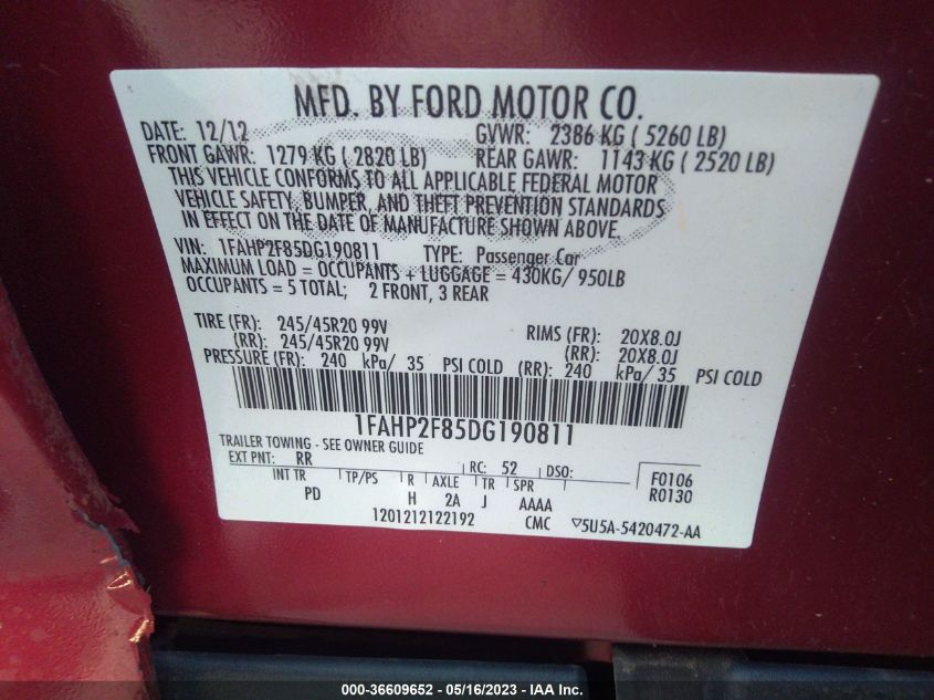 2013 FORD TAURUS LIMITED - 1FAHP2F85DG190811