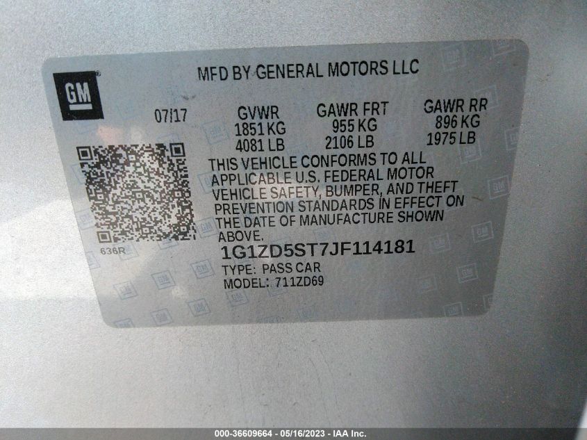 2018 CHEVROLET MALIBU LT - 1G1ZD5ST7JF114181