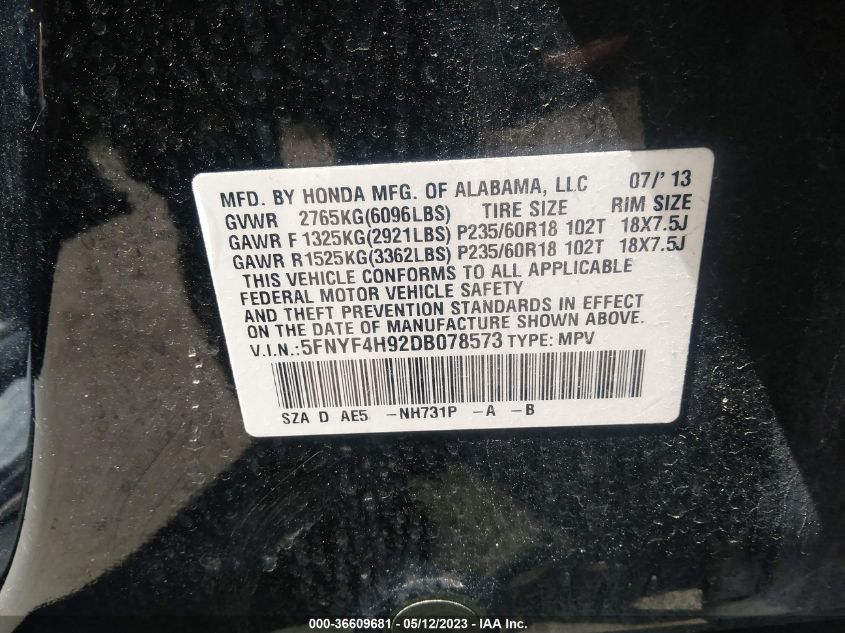 2013 HONDA PILOT TOURING - 5FNYF4H92DB078573