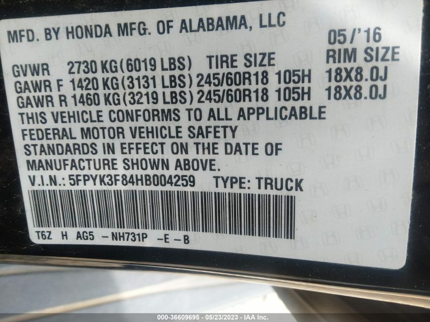 2017 HONDA RIDGELINE BLACK EDITION - 5FPYK3F84HB004259