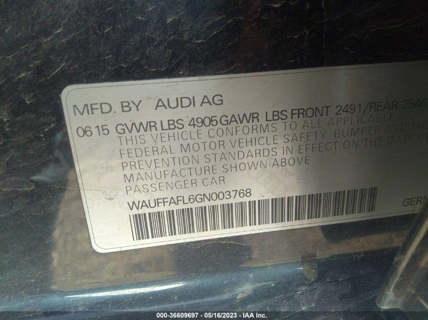 2016 AUDI A4 PREMIUM PLUS - WAUFFAFL6GN003768