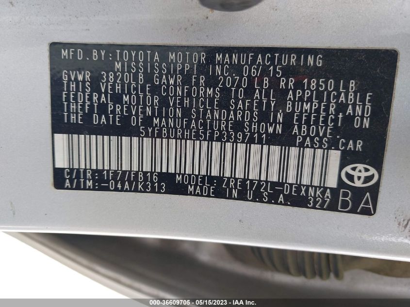 2015 TOYOTA COROLLA L/LE/S/S PLUS/LE PLUS - 5YFBURHE5FP339711