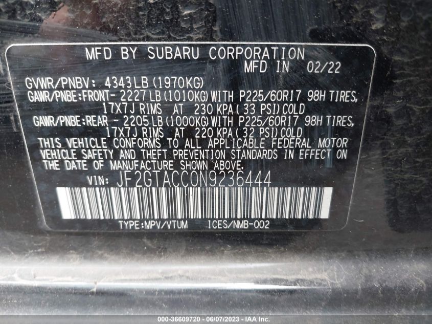 2022 SUBARU CROSSTREK PREMIUM - JF2GTACC0N9236444