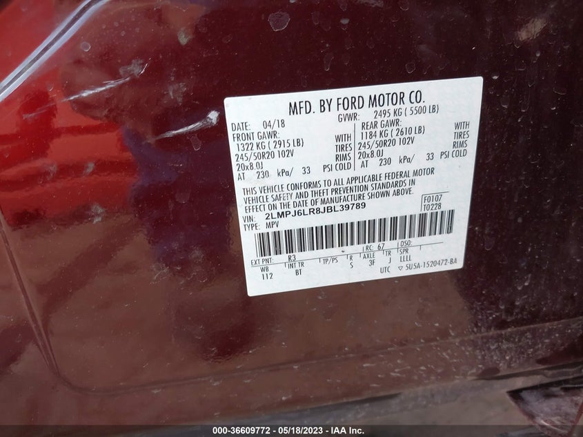 VIN 2LMPJ6LR8JBL39789 2018 LINCOLN MKX RESERVE