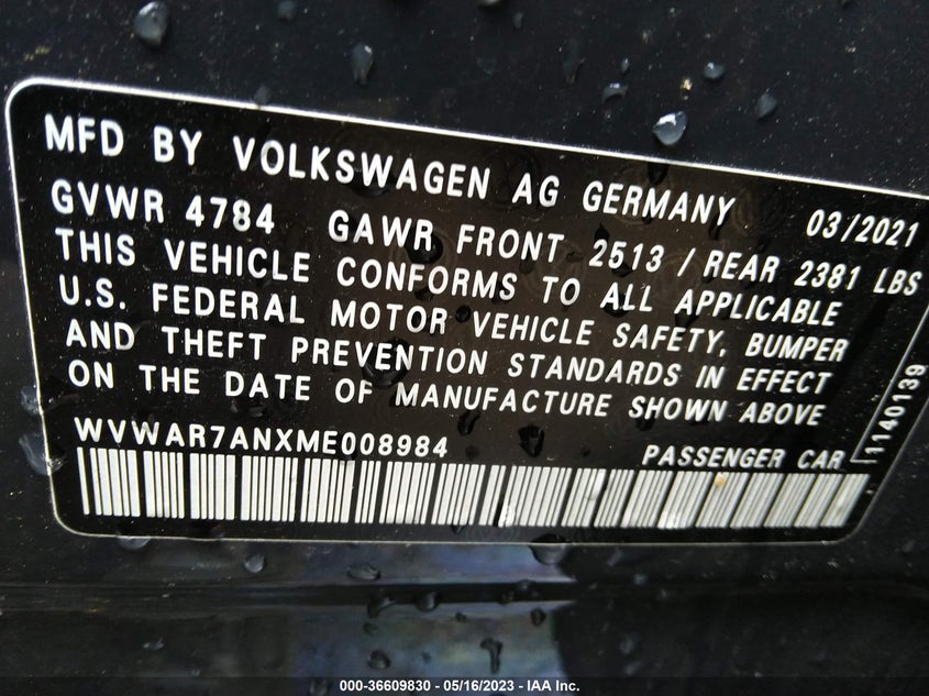VIN WVWAR7ANXME008984 2021 VOLKSWAGEN ARTEON SE
