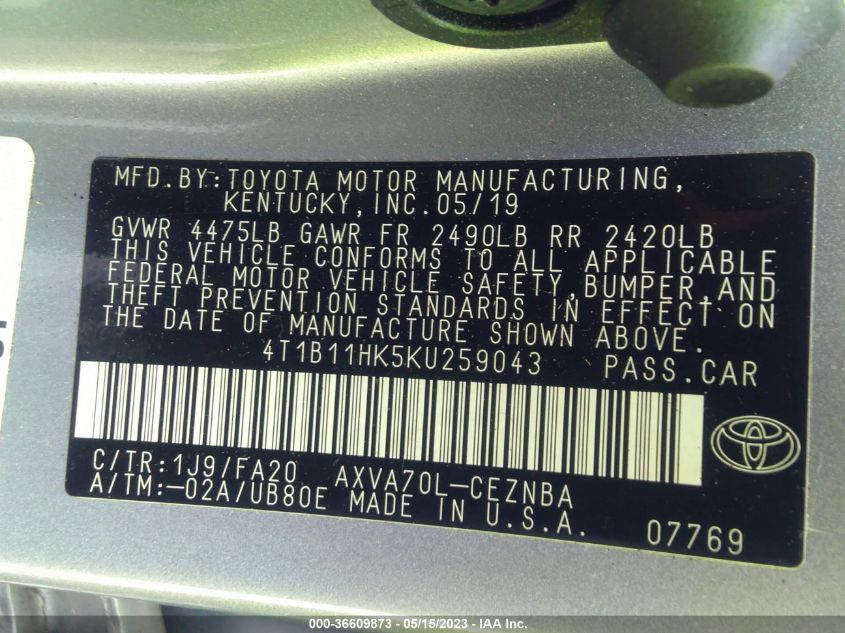 2019 TOYOTA CAMRY LE/SE/XLE/L - 4T1B11HK5KU259043