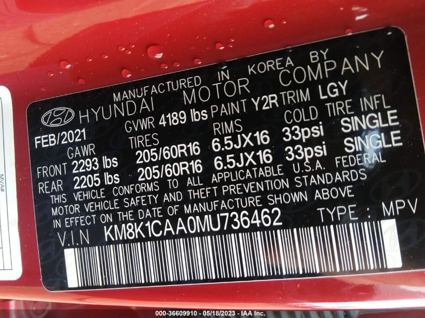 2021 HYUNDAI KONA SE - KM8K1CAA0MU736462