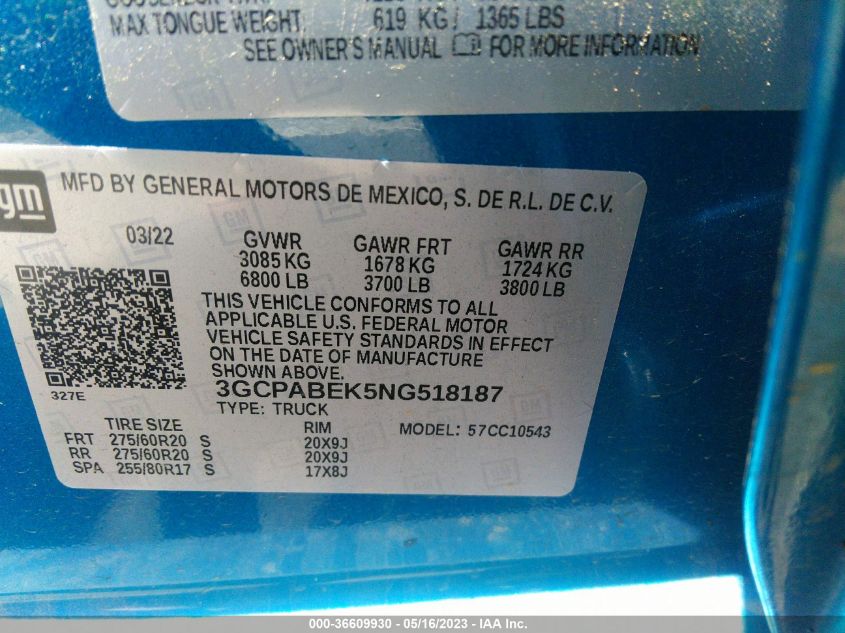 2022 CHEVROLET SILVERADO 1500 CUSTOM - 3GCPABEK5NG518187