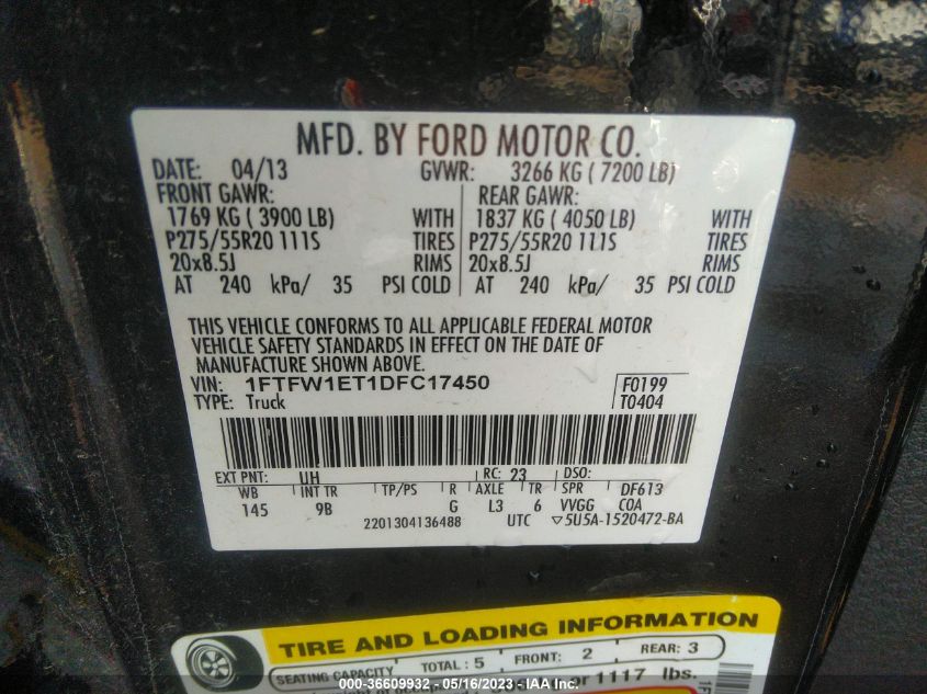 2013 FORD F-150 XL/XLT/FX4/LARIAT - 1FTFW1ET1DFC17450
