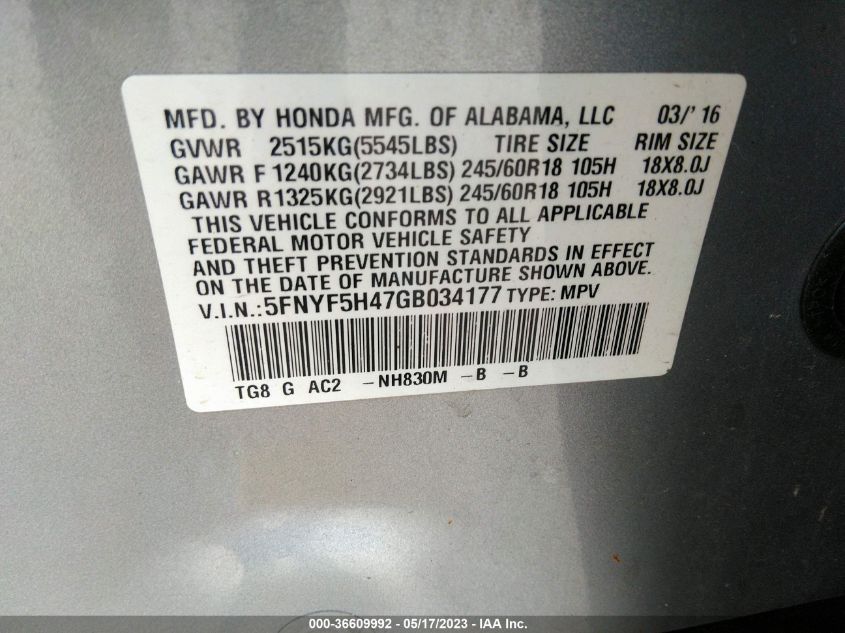 2016 HONDA PILOT EX - 5FNYF5H47GB034177