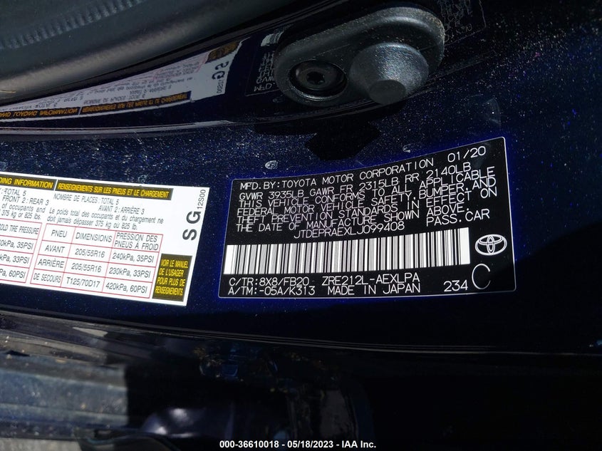 VIN JTDEPRAEXLJ099408 2020 TOYOTA COROLLA LE