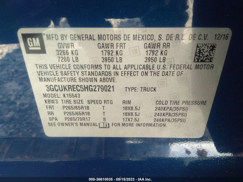 2017 CHEVROLET SILVERADO 1500 LT - 3GCUKREC5HG279021
