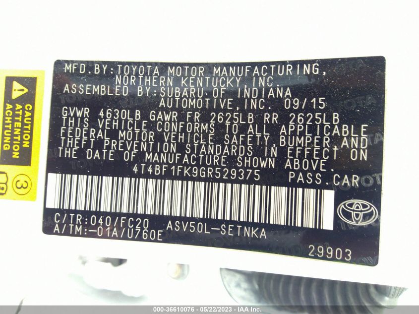 2016 TOYOTA CAMRY XLE/SE/LE/XSE - 4T4BF1FK9GR529375