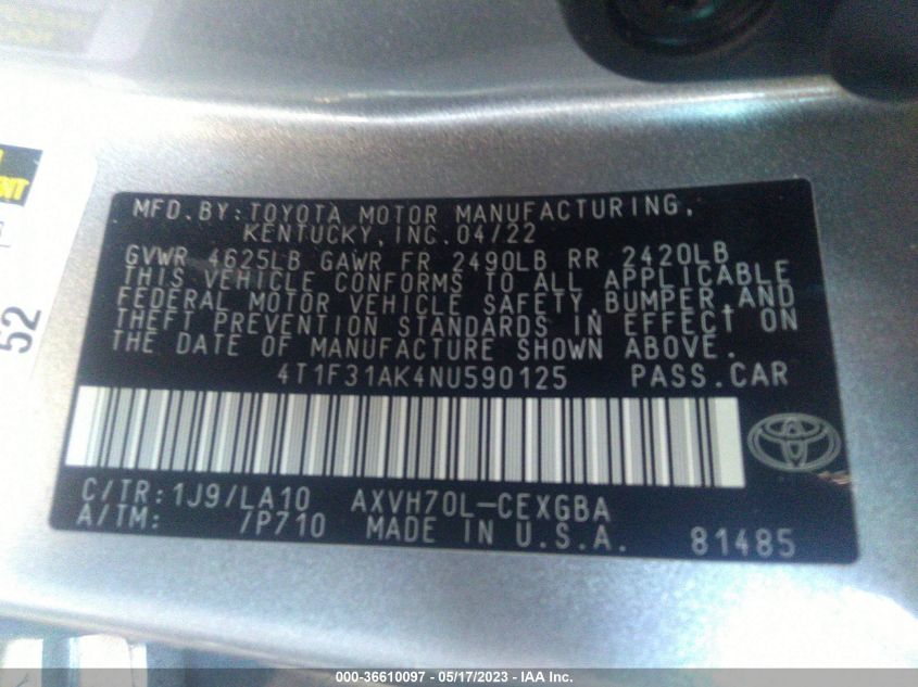 2022 TOYOTA CAMRY HYBRID XLE - 4T1F31AK4NU590125