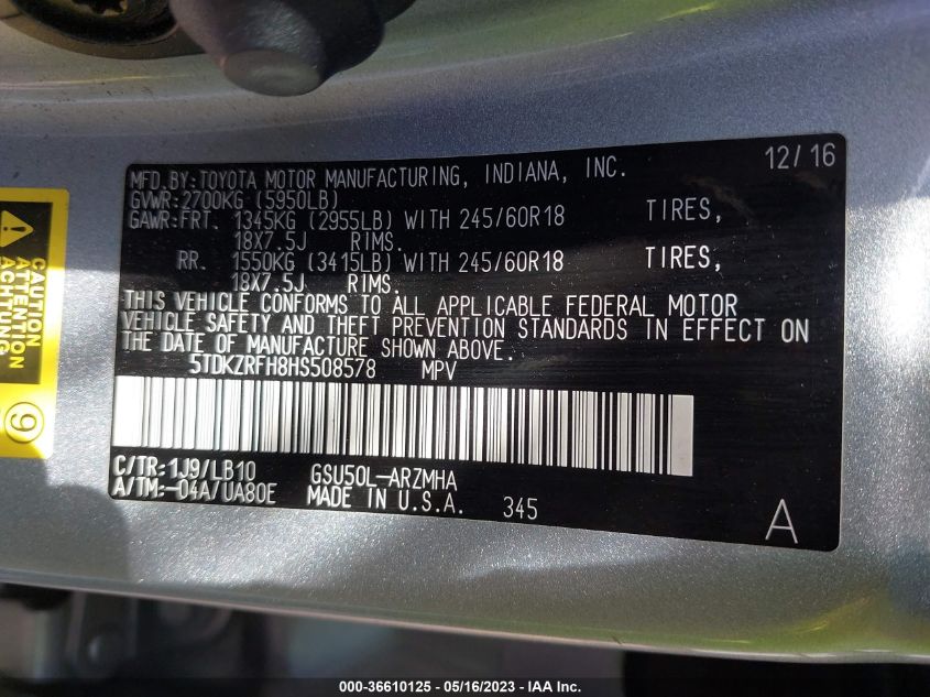 2017 TOYOTA HIGHLANDER XLE/SE - 5TDKZRFH8HS508578