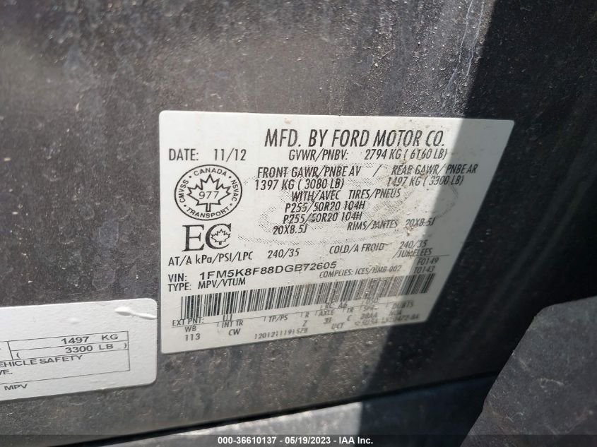 2013 FORD EXPLORER LIMITED - 1FM5K8F88DGB72605