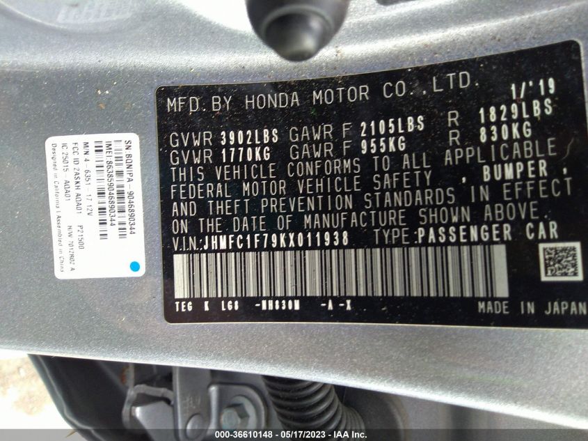 2019 HONDA CIVIC SEDAN EX-L - JHMFC1F79KX011938